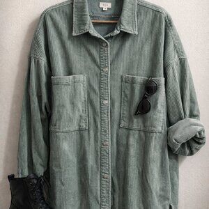 Sage Green Corduroy Shacket Frayed Hem Oversized Button Up Jacket Women M